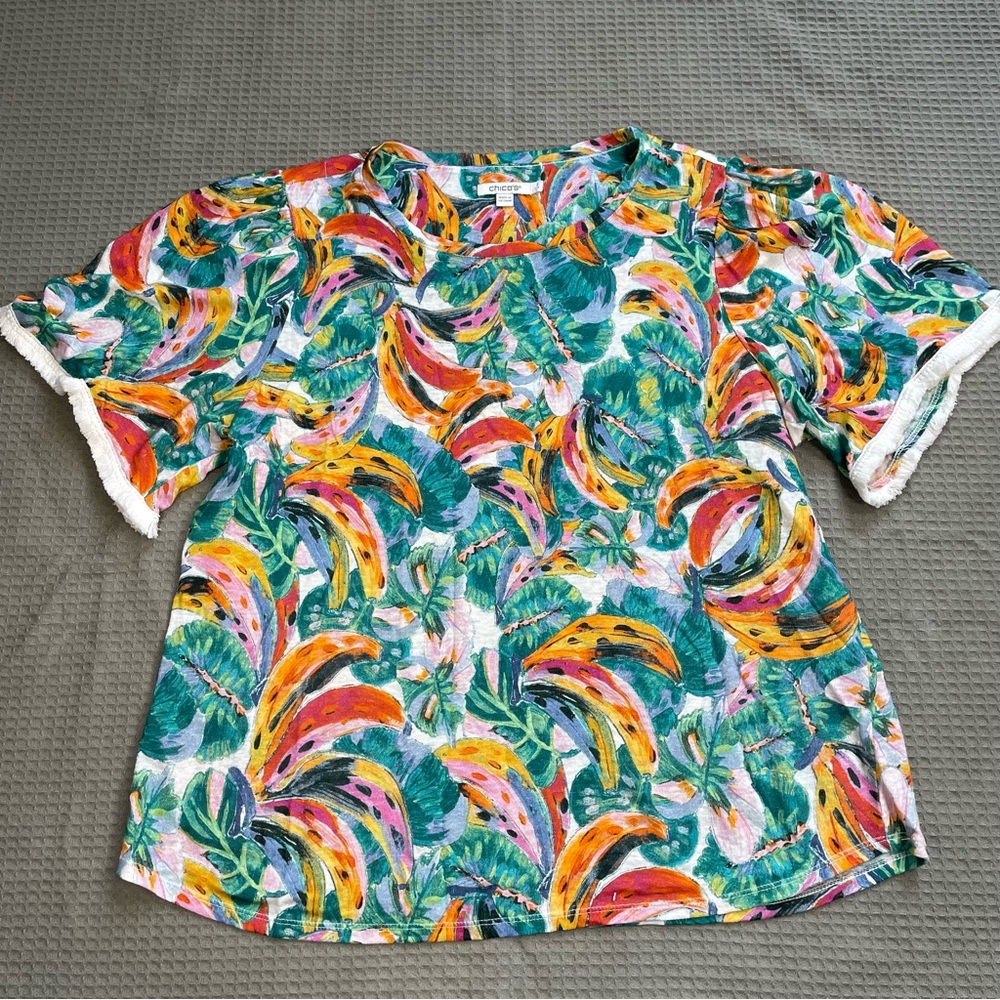 Chico’s 100% Linen Tee Shirt 2 (Large) Tropical Banana Fringe Multicolor